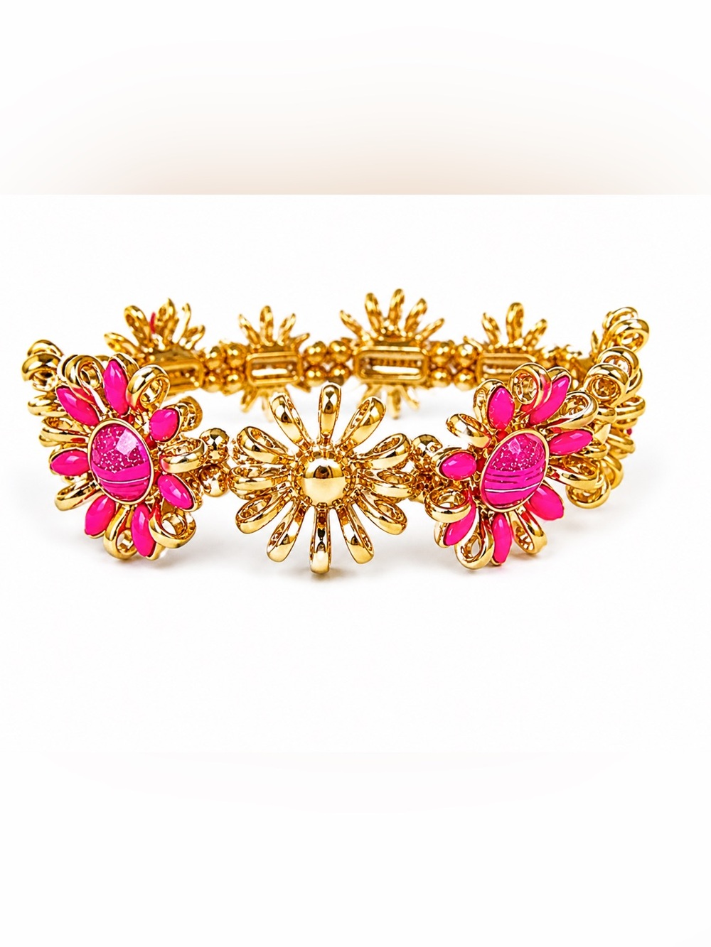 Napier Gold-Tone Bracelet with Bright Pink Floral Accents